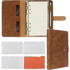 A6 Binder Refillable Planner Notebook 6 Ring PU Leather Binder Journal with Pockets, Dividers, Refill Paper Brown