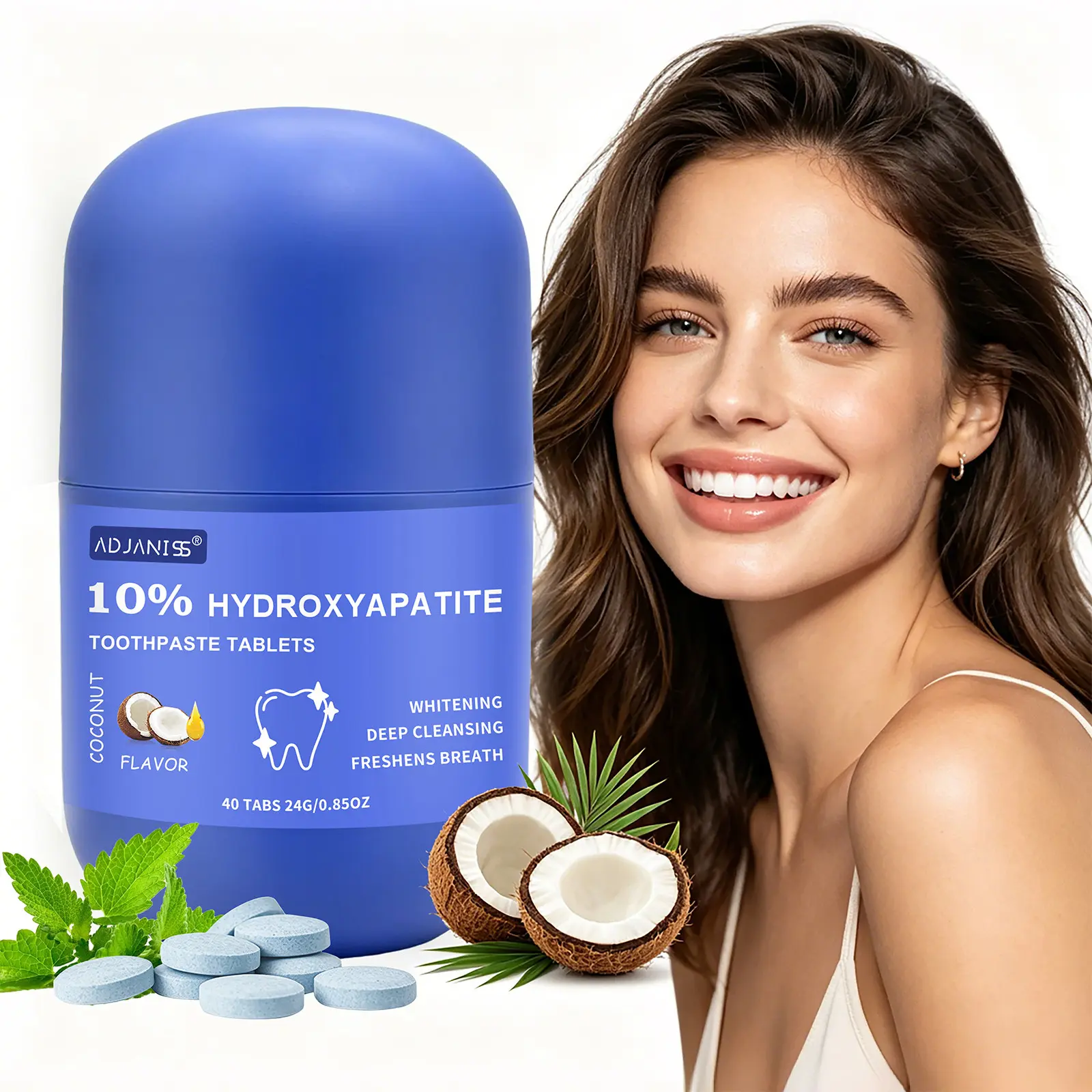 ADJANISS Coconut Tooth Solid Toothpaste, Oral care toothpaste, chewable and rinseable solid tablets, contains probiotics to help freshen breath, hydroxyapatite helps promote remineralization and whiten teeth through brushing, 50 tablets / 30 grams