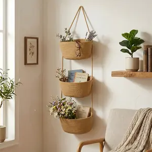 Hanging Over the Door Organizer, 3-Tier Woven Cotton Basket, Wall-Mounted Storage Bag, Decorative Nursery Baskets target baskets ideal storage shelf shelf storage basket woven basket storage basket,  Khaki pink