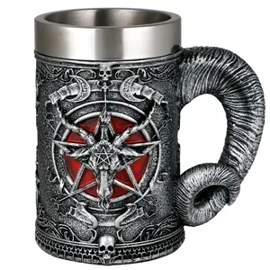 Medieval Baphomet Vintage Head Beer Mug - Sabbatic Goat Pentagram Drinking Tankard 21oz Stainless Steel Epic Wine Coffee Cup Gothic Father Day Gift Party Decorations Unique Resin Embossed Mugs Coffeemugs Collection Funny Coffee Viking Heavy Duty Mug