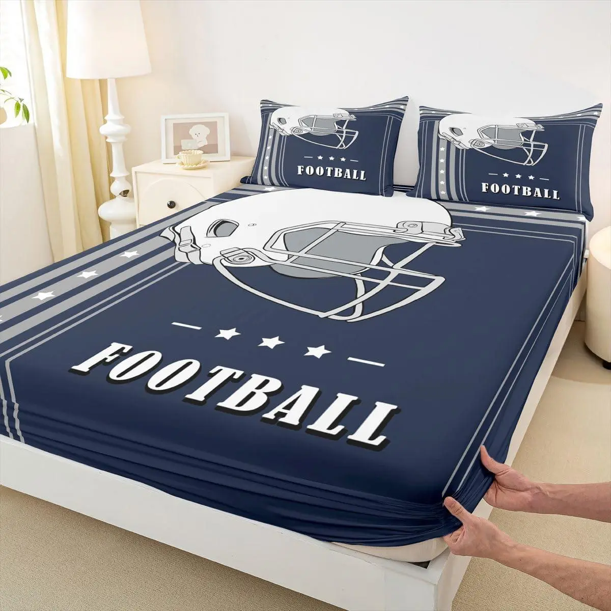 Football City Fitted Sheet Gridiron Lover Bedding Set,Gifts for Boys Girls Bedroom,Sports Ball Game Bed Sheets Navy Blue Grey Striped Stars Sheets,1 Fitted Sheet