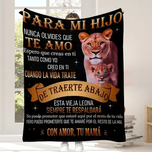 1pc Inspirational Lion Print Flannel Blanket for Son, Reversible All-Season Multipurpose Throw, Contemporary Digital Print Polyester Knitted Bedding with Encouraging Message, Machine Washable