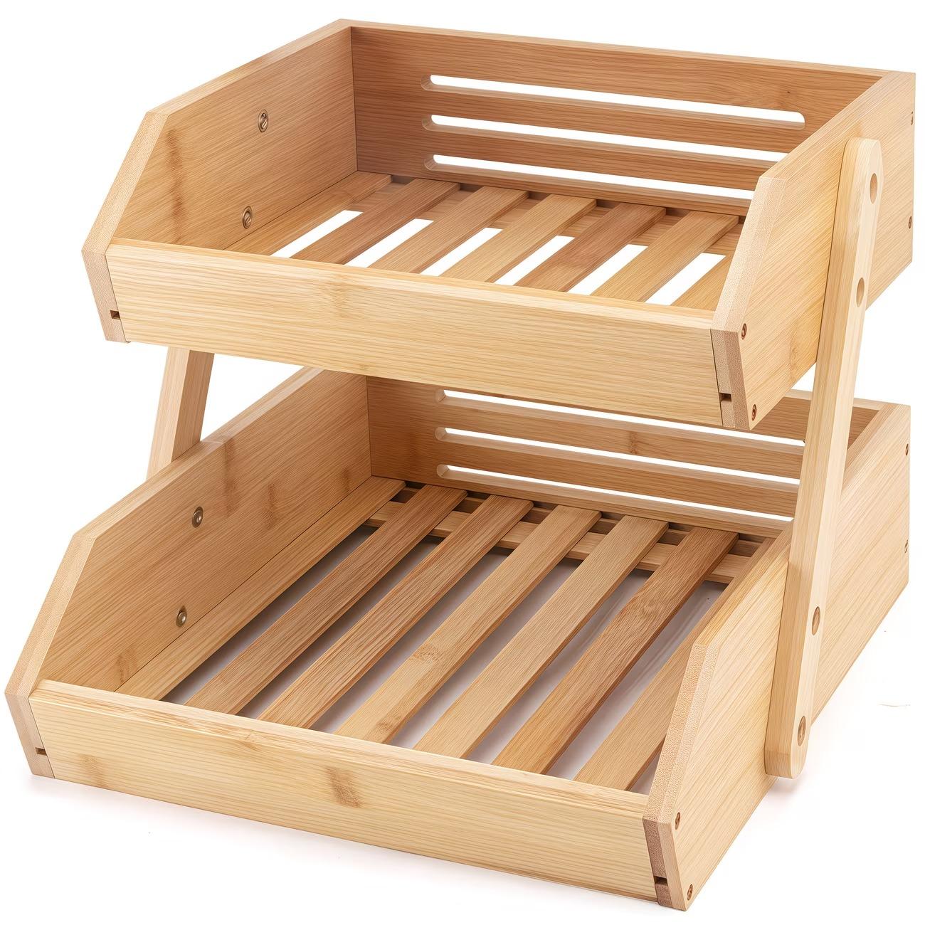 3/2 Tier Wooden Fruit Basket Stand – Large Capacity Countertop Organizer for Fruits, Vegetables & Bread