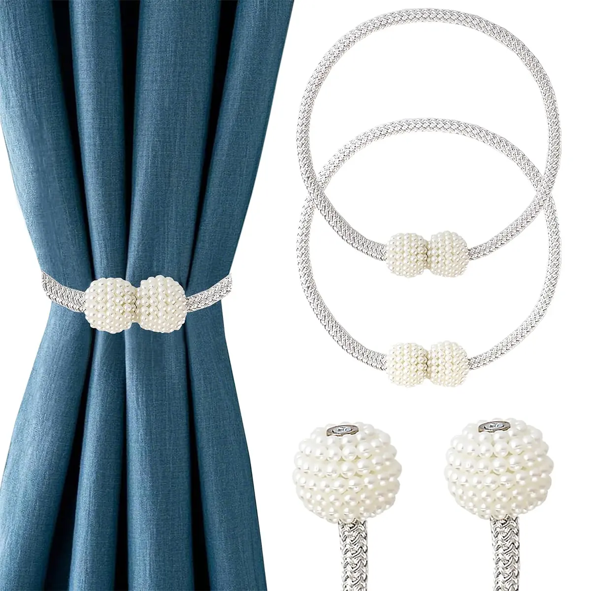 2pcs Magnetic Curtain Tiebacks,Decorative Curtain Tiebacks Buckles Holdbacks for Home Bedroom Office Curtain Decor (White)