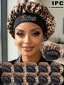 12 Constellations Leopard Print Smooth Satin Night Sleep Cap, Lightweight Breathable Daily Hair Care Hat, Reduce Friction Prevent Frizz Unisex Sleeping Cap