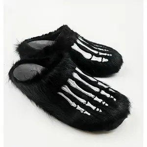 Meckmanly Men Skeleton Faux Fur Mules | Cozy Goth Punk Slippers