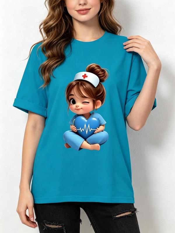 Women's Fitted Cut Pure Cotton Crew Neck Graphic Tee - Cute Nurse Girl Heart ECG Print, Lightweight Breathable Short-Sleeve Top for Medical Nursing Lovers