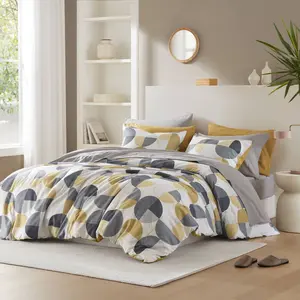 Ultra-Soft Microfiber Bedding Set 6/9 Pieces Stylish Three-Tone Printed Mustard Yellow & Grey Comforter Set for All Seasons