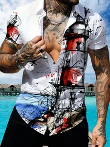 Men's Printed Short Sleeve Shirt, Ocean Lighthouse Pattern, Summer Trendy Casual Shirt, Fashion Loose Top