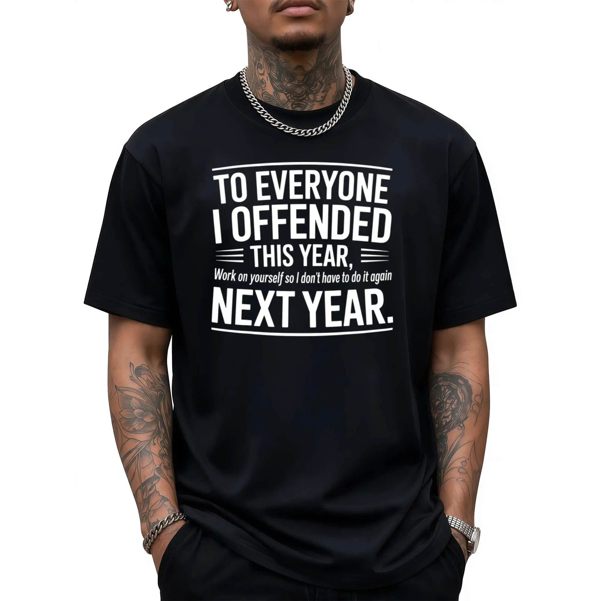 to Everyone Offended This Year Work On Yourself New Year Eve T Shirt, Funny Christmas Shirts, Mens Graphic T-shirts, Black T-shirt, Tshirts for Men, 100%, 220g, Soft and Comfortable Short Sleeves