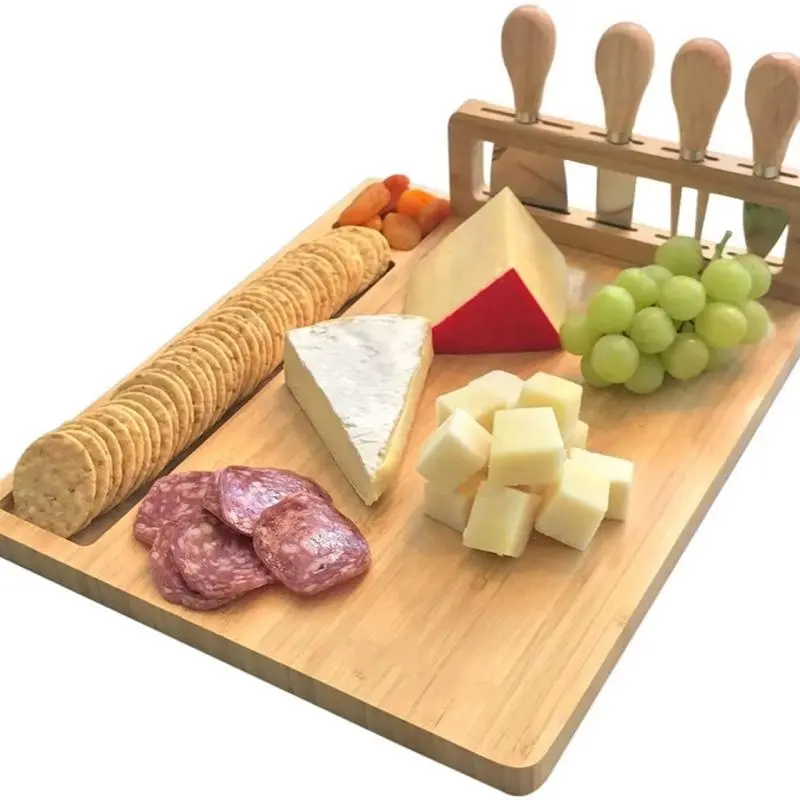 Elegant Bamboo Charcuterie Board Gift Set with Cheese Knives Natural Finish Water Resistant for Housewarming Weddings Birthdays