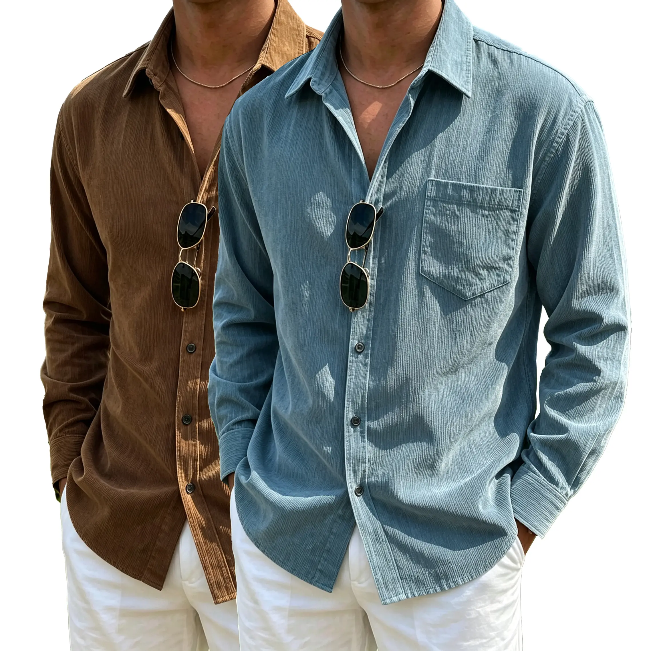 2-pack — vintage soft corduroy button shirt for men, solid brown long sleeves, casual dress shirt with chest pocket and black buttons, loose fit, essential piece for everyday office and business wear