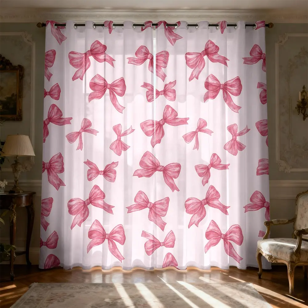 2 panels Bow Print Light Filtering Window Curtain Panels, Classic Polyester Ring Top Drapes for Kitchen Living Room Bedroom Bathroom Room Decor Curtain, Home Decorative Curtain, Home Decoration Curtain