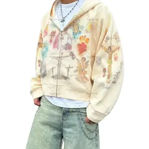 Men’s oversized American retro casual hoodie/jacket with cross print, zipper, street trend brand style