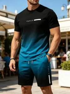 American Gradient Paris Sports Set, Trendy Paris Letter Print, Short Sleeve Polo Shirt and Shorts, Casual Slim-Fit Two-Piece