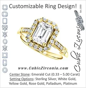 Cubic Zirconia Engagement Ring- The Thelma Ann (Customizable Cathedral-Halo Emerald Cut Design with Thin Accented Band)