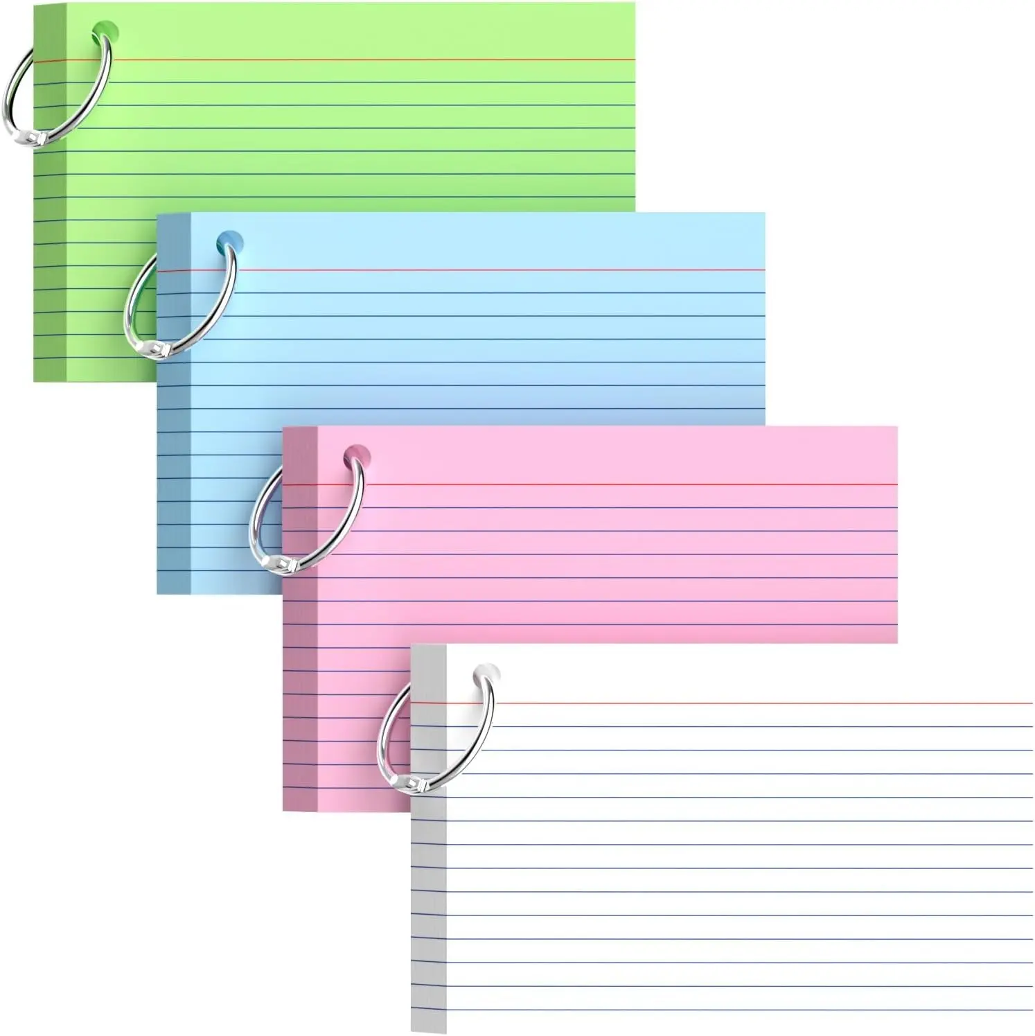 3x5 Colored Index Cards with Key Ring, 250-Count 180gsm Heavyweight Flash Cards for Study Vocabulary Memory Language Learning