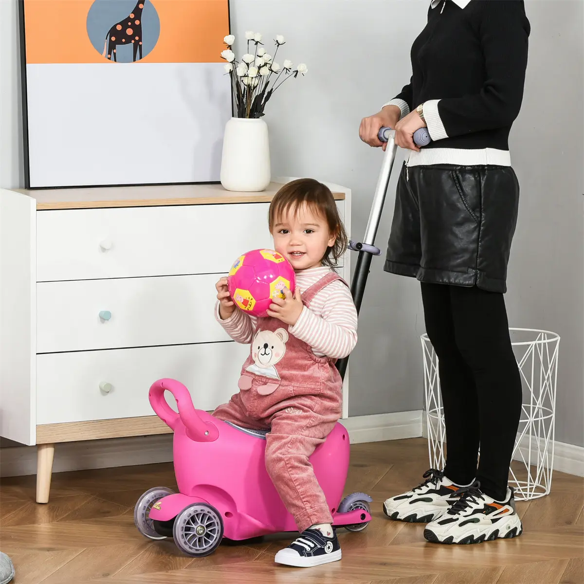 Pink 3-in-1 Ride On Push Car, Kids Scooter & Sliding Walker for Ages 2-6 | Features Adjustable Handlebar, 3 Balanced Wheels, Removable Storage Seat | A Versatile Outdoor Play Equipment for Boys and Girls