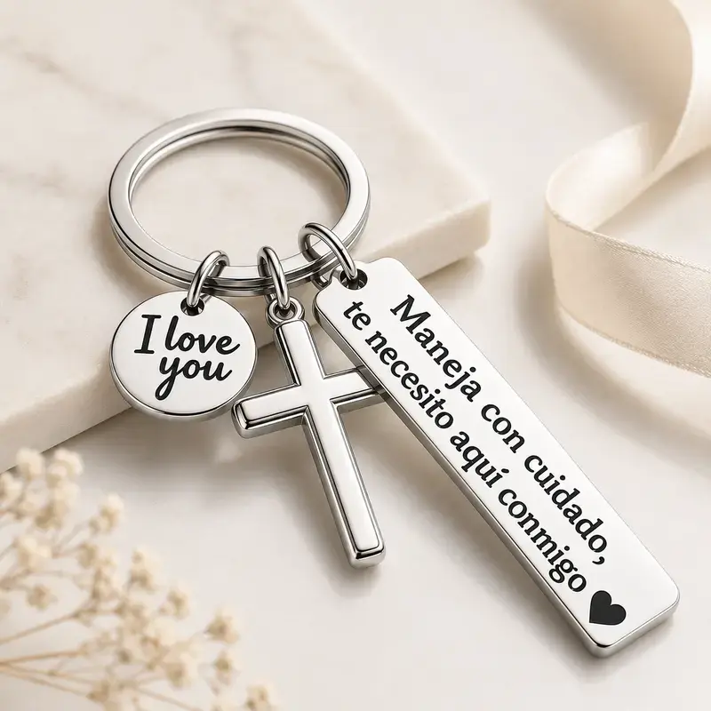 Minimalist Unisex Anti-Rust Stainless Steel Spanish Drive Safe Keychain Set - Spanish Engraving, Sentimental Text, Black Cross, "I Love You" Charm, Adjustable Heart Rate Bracelet, Rectangular Tag, Couple Gifts, EDC Automobile Gear, Daily Wear