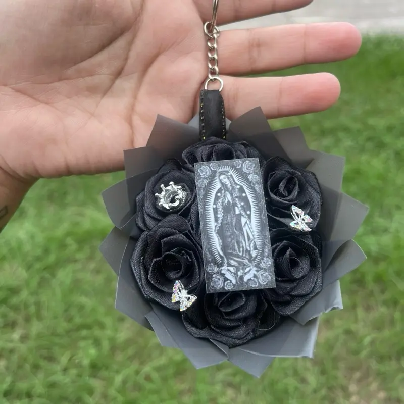All Black Virgen de Guadalupe Bouquet Keychain with Detailed Silver Accents and Elegant Rose Design