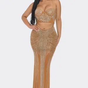2pc Rhinestone Dress - Gold Sequin Halter Neck Crop Top & Maxi Skirt Set for Women