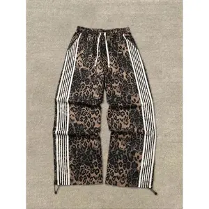 Men's Fashion Contrast Stripe Leopard Print Drawstring Waist Sports Pants, Athleisure Pants, Casual Loose Fit All Season Wear, Comfortable Kint Fabric