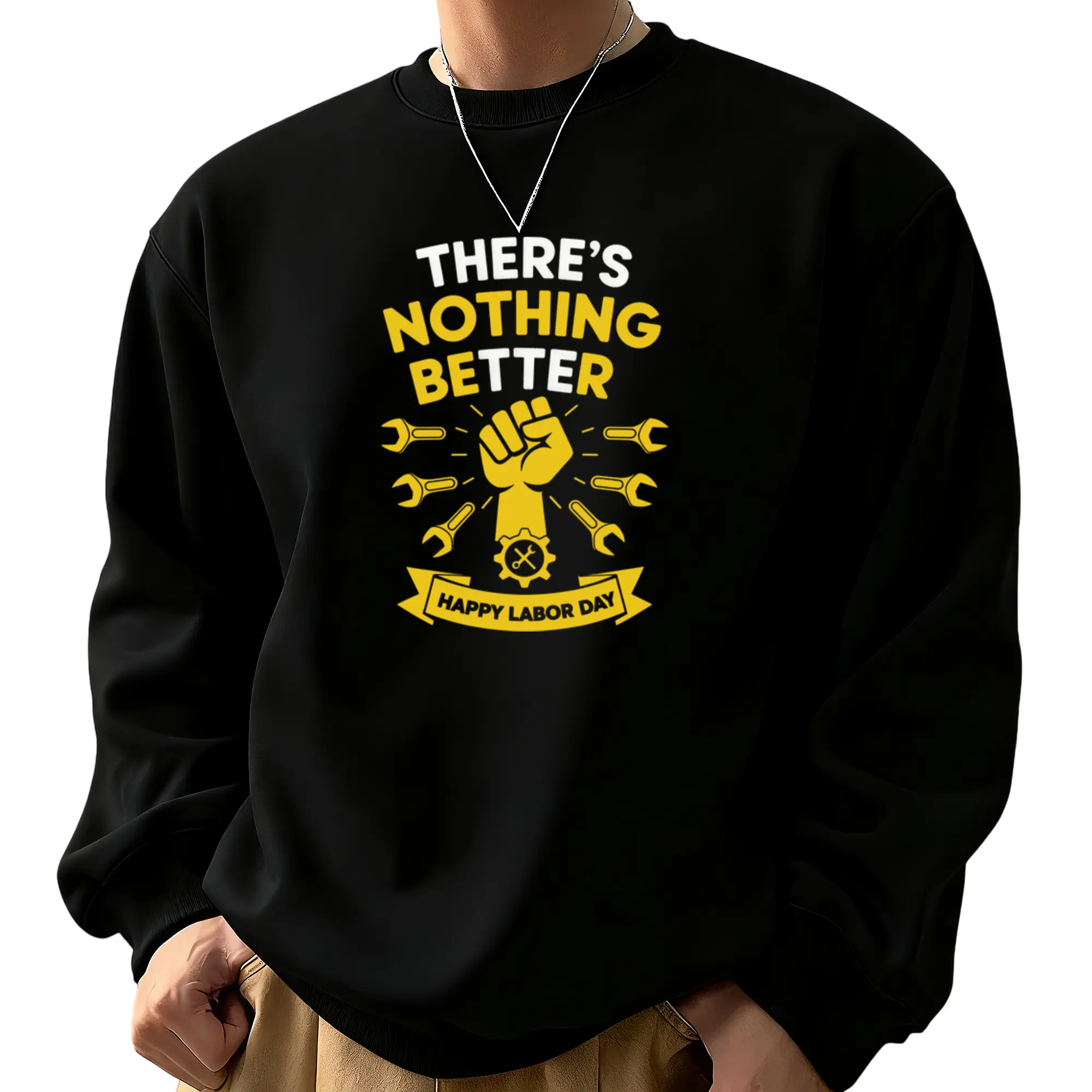 Men's Long Sleeve Sweatshirt – 100% Construction Worker Graphic with Wrenches & Hard Day's Work Slogan, Loose Fit Casual Round Neck for Labor Day