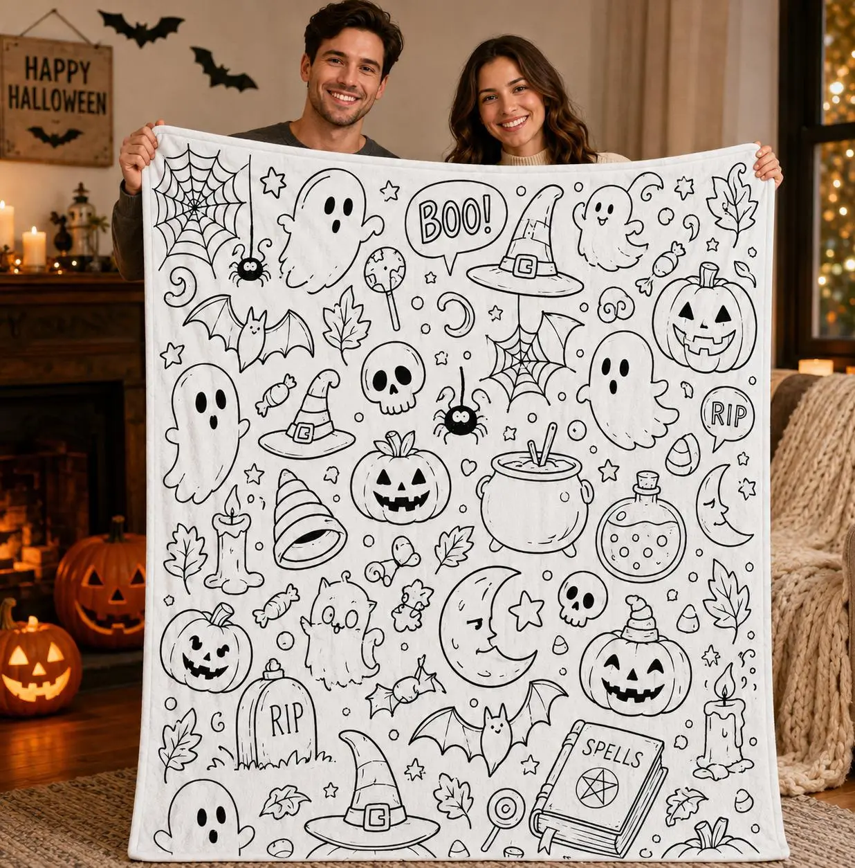 Halloween DIY Coloring Flannel Blanket, Color Your Own Ghost Pumpkin Witch Throw Blanket, Spooky Cute Creative Activity for Kids & Family, Halloween Party Bedroom Couch Decor Gift