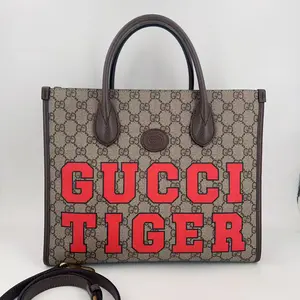 Pre-owned GUCCI canvas Crossbody Bags Beige GG Supreme Monogram Small Tiger Tote