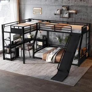 Bellemave  L-shaped metal bunk bed, equipped with a single loft bed, desk, and storage rack, with USB charging port - metal triple layered bunk bed with slide, black