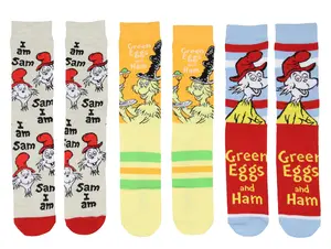 Dr. Seuss Green Eggs And Ham Socks In A Box Adult Mid Calf Crew Socks For Women and Men 3 Pairs Gift Box