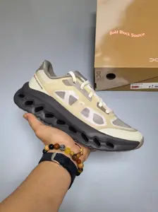 Beige-Grey Color-Blocked Cushioned Running Shoes, Lightweight Breathable Mesh with Cloud-Like Midsole Design