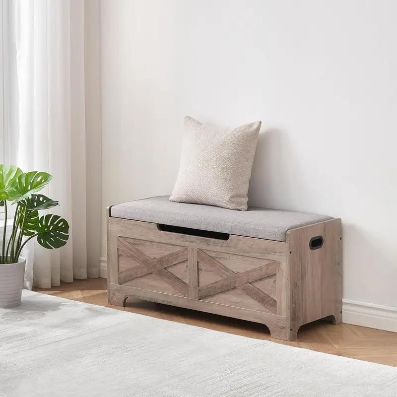 【Christmas Gift】Storage Chest, Wood Storage Bench with Seating and 2 Safety Hinge, Entryway Bench with Storage, Farmhouse Storage Chest Trunk for Bedroom, Living Room, Grey Furniture Seater Home Organize Modern Design