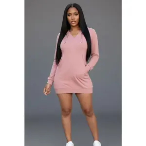 Women's Comfy Polyester-Spandex French Terry Long-Sleeve Hoodie Dress, Adjustable Sleeves, Kangaroo Pocket, Breathable Casual Womenswear