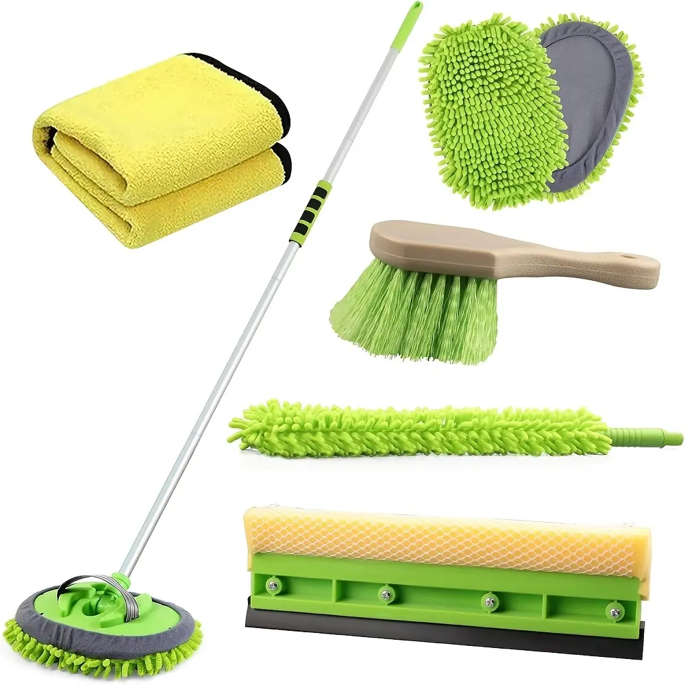 62'' Car Wash Brush with Long Handle Chenille Microfiber Car Wash Mop Mitt Kit Car Detailing Brush Cleaning Kit Window Squeegee Car Duster Drying Towels Tire Brush for Cars RV Truck Boat