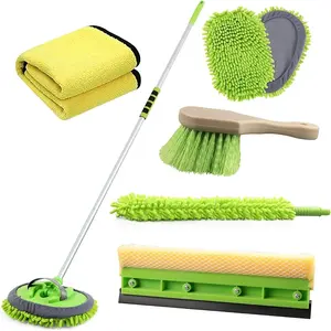 62'' Car Wash Brush with Long Handle Chenille Microfiber Car Wash Mop Mitt Kit Car Detailing Brush Cleaning Kit Window Squeegee Car Duster Drying Towels Tire Brush for Cars RV Truck Boat