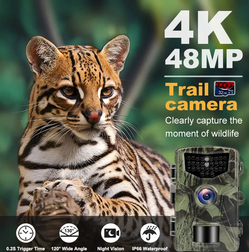 Tactical Wildlife Camera 48MP 4K Thermal Night Vision 0.2s Instant Capture IP66 Dust Waterproof Military Camouflage Design