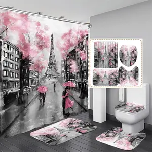 4 count Paris Eiffel Tower Pink Shower Curtain Sets Bathroom Set Decor with Non-Slip Rugs Bath U-Shaped Mat Toilet Lid Cover  Valentine Bathroom Curtains Shower Set with 12 Hooks