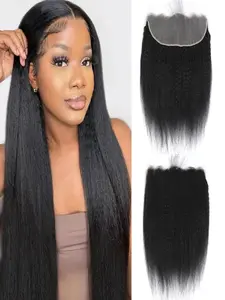 13x4 Lace Closure Frontal 150% Density Kinky Straight Brazilian Human Hair Unprocessed  Yaki Straight Virgin Hair 13x4 Ear to Ear Lace Frontal with Baby Hair Natural Color