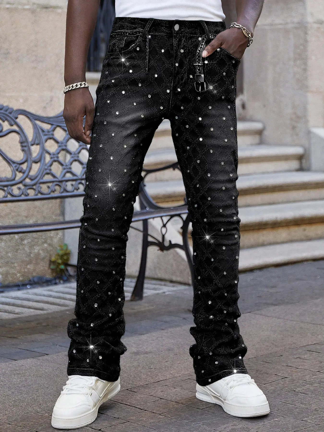 Rhinestone Embellished Slim-Fit Jeans, a pair of hipster, skateboarding, rap, dance, and street style jeans, featuring a slim-fit design, a straight silhouette that makes the legs appear slimmer, and a fashionable, comfortable denim fabric suitable for ev