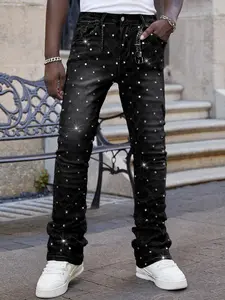 Elastic Hip Hop Punk Flared Jeans with Pockets and Rhinestone Decor, Skate Rap Dance Street Denim Jeans, Fashion Casual Wear