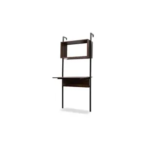 Industrial Walnut Brown Finished Wood and Black Metal Display Shelf with Desk