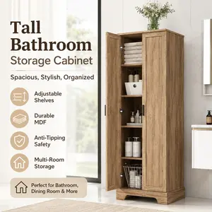 Super Storage Cabinet Bathroom Cabinet with Two Doors Adjustable Shelf Brown MDF Board Freestanding Organizer for Office Living Room Kitchen Entryway Small Space Floor Cabinet Home Storage Furniture with Hidden Shelves