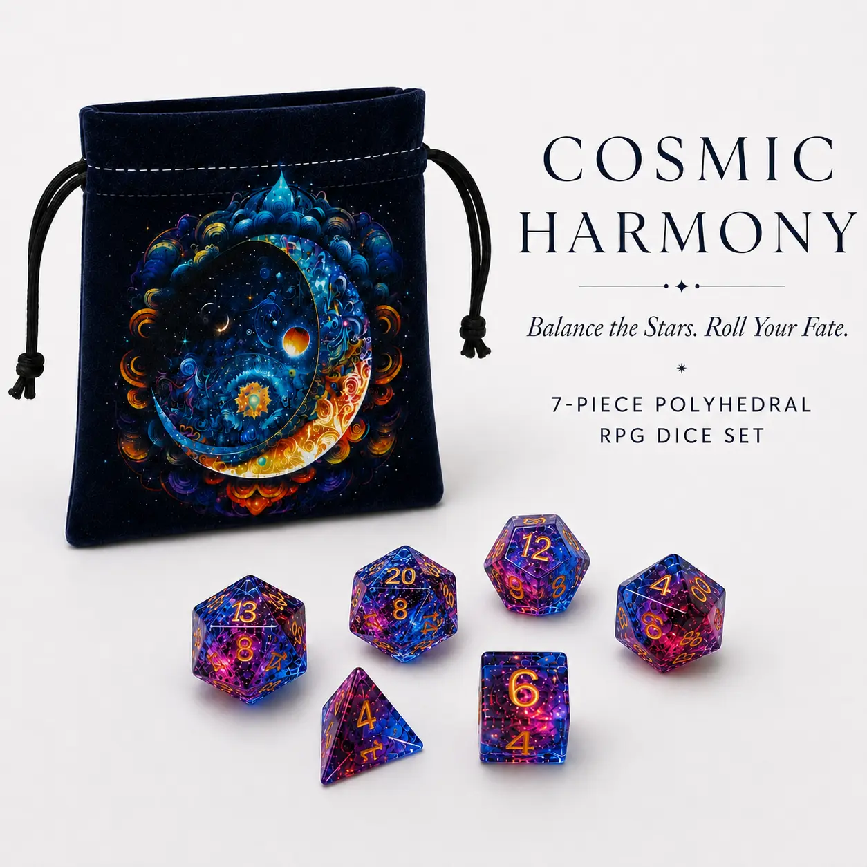 7PCS Cosmic Harmony Polyhedral Dice Set with Original Design Velvet Bag, DND RPG Resin Dice for Tabletop Role Playing Games, Board Game Accessories, Collector Gift for Gamers