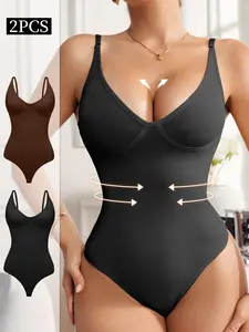 2PCS Women's Sexy V-Neck Shapewear Underwear Set, Soft Comfortable Bodycon Bodysuit with Thong Design, Everyday Wear for All Seasons