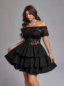 Plus Size Women's Lace Dress, One-Shoulder Design, Sheer Short Sleeves, Elegant Party Gown, Perfect for Birthdays and Night Out