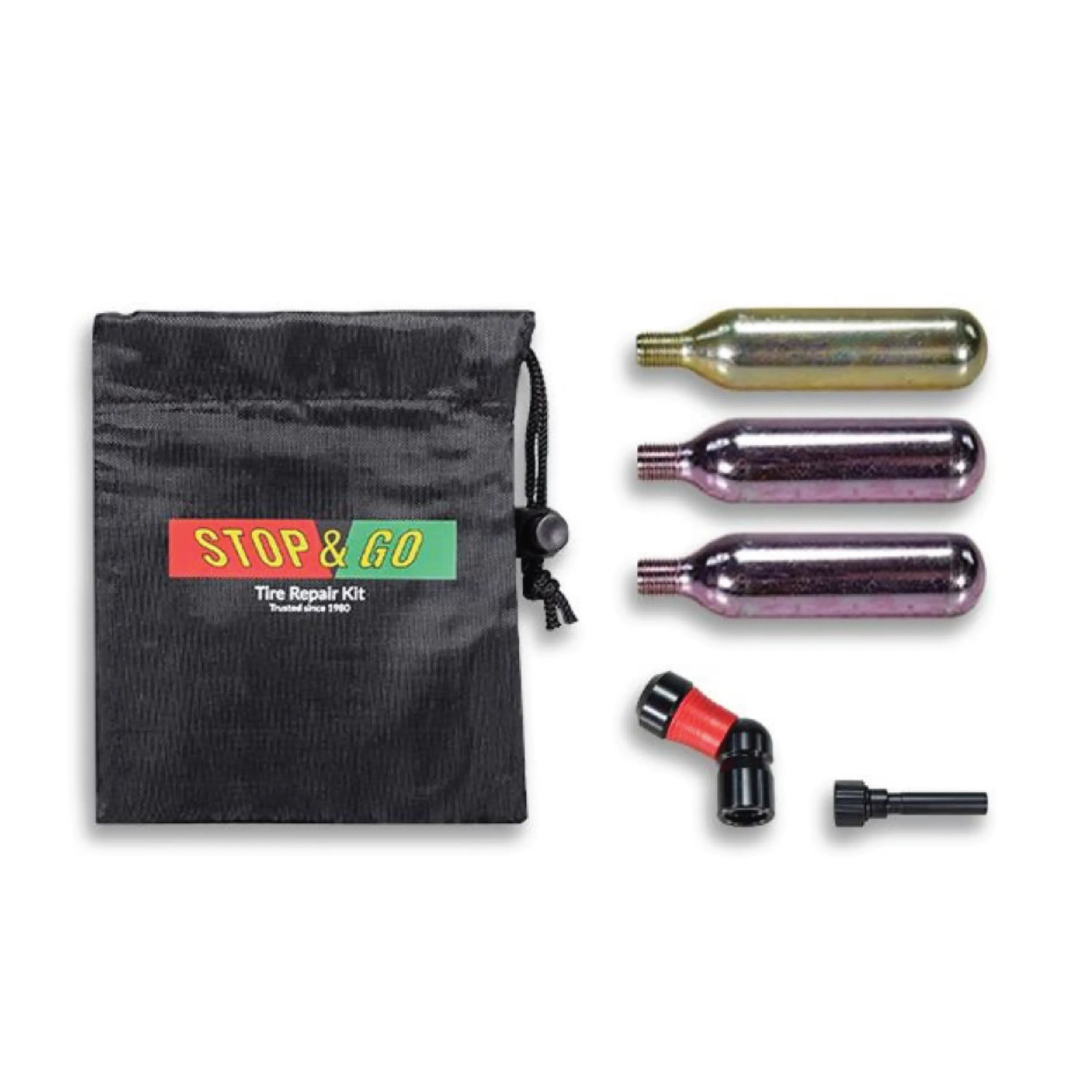 Stop & Go 300 Compact Portable Tire Puncture Sealant and Inflation Kit with Drawstring Bag, CO2 Cartridge for Bicycles, E-Bikes – On-the-Go Automotive Tire Repair Tool