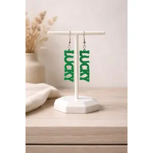 St Patricks Day Green Lucky Earrings 3D Printed Word Dangle Earrings