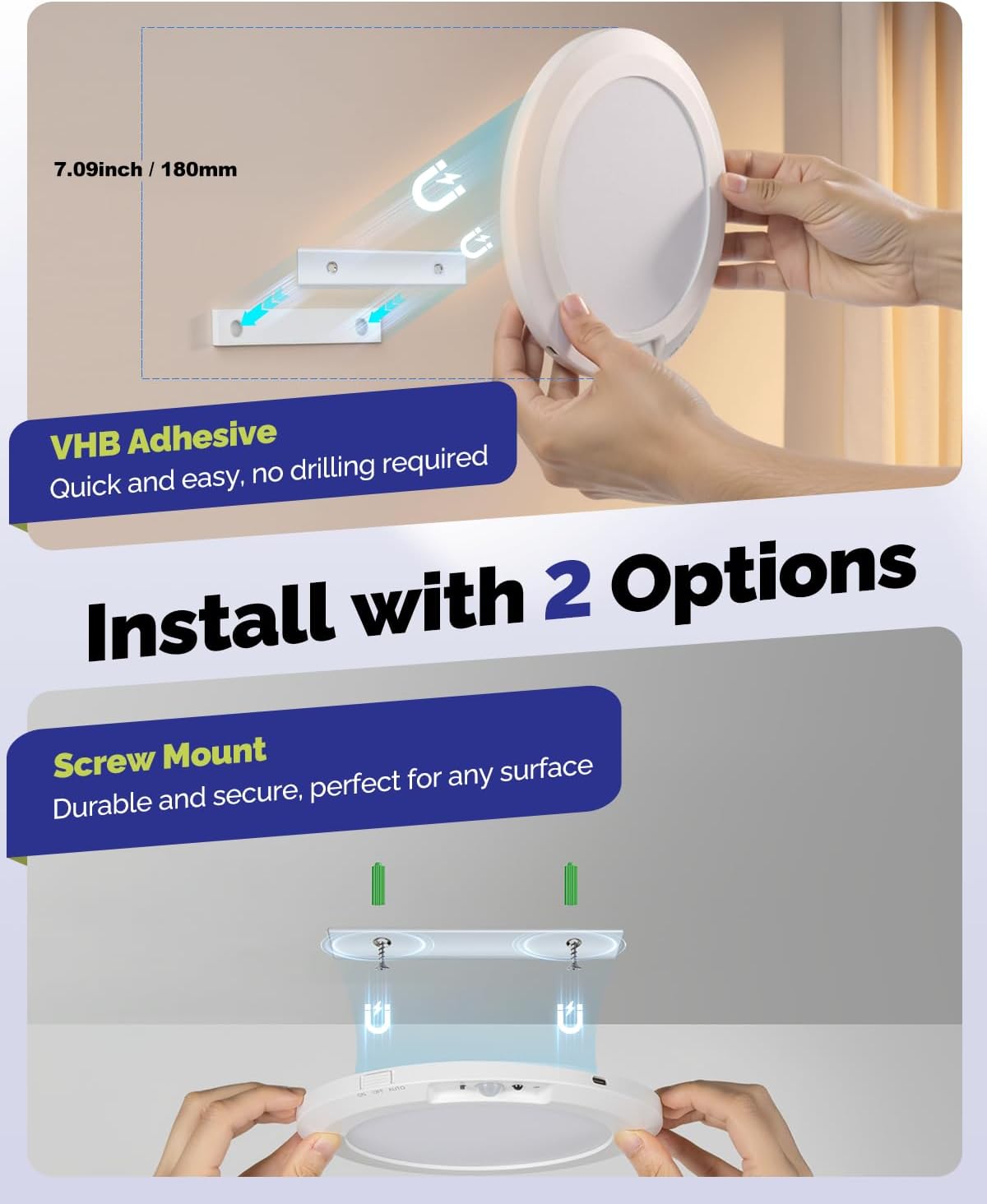 2/1 Pack Rechargeable Motion Sensor Ceiling Light with Remote – Magnetic Wireless Battery Operated LED Ceiling Light, 3 Color Modes 3000K/4000K/6000K, USB Type-C Rechargeable, Plug-Free Lighting for Closet Pantry Hallway Shower Garage
