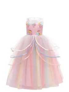 Girl's Colorblock Patchwork Appliques Flowers Design Layered Tulle Dress, Elegant Sleeveless Zipper Back Party Dress for Performance Wedding Guest, Kids Clothes for All Seasons